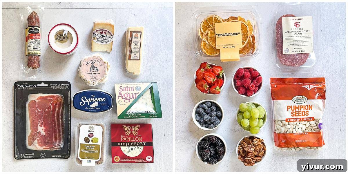 ingredients for this board laid out on a white surface, showcasing individual cheeses, meats, fruits, and nuts