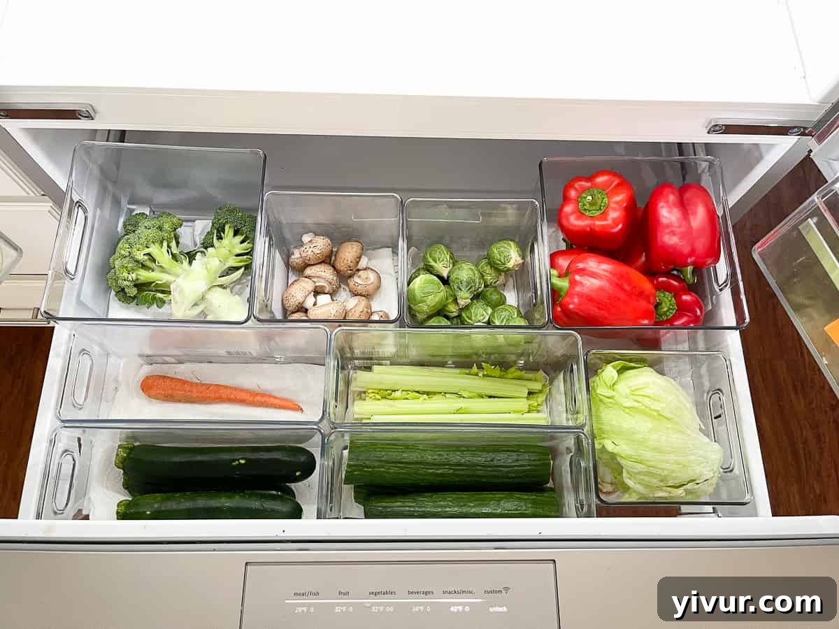 Smart Storage for Your Fridge 4 Close-up of organizing containers specifically designed for refrigerator produce pull-out drawers, showcasing different sizes.