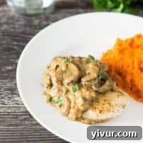 Close-up of Chicken and Mushroom Fricassee in a skillet