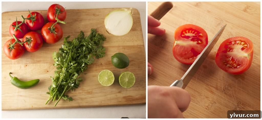 Pico de Gallo Ingredients Fresh ingredients for Pico de Gallo laid out: tomatoes, onion, cilantro, jalapeno, and lime.