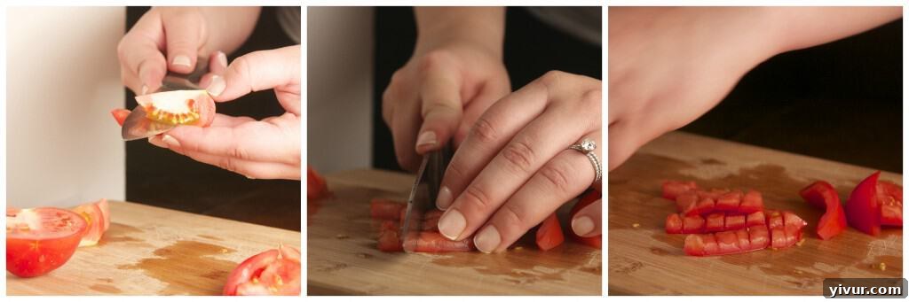 Chopping Tomatoes, Pico de Gallo Prep Someone chopping red Roma tomatoes on a cutting board, preparing them for Pico de Gallo.