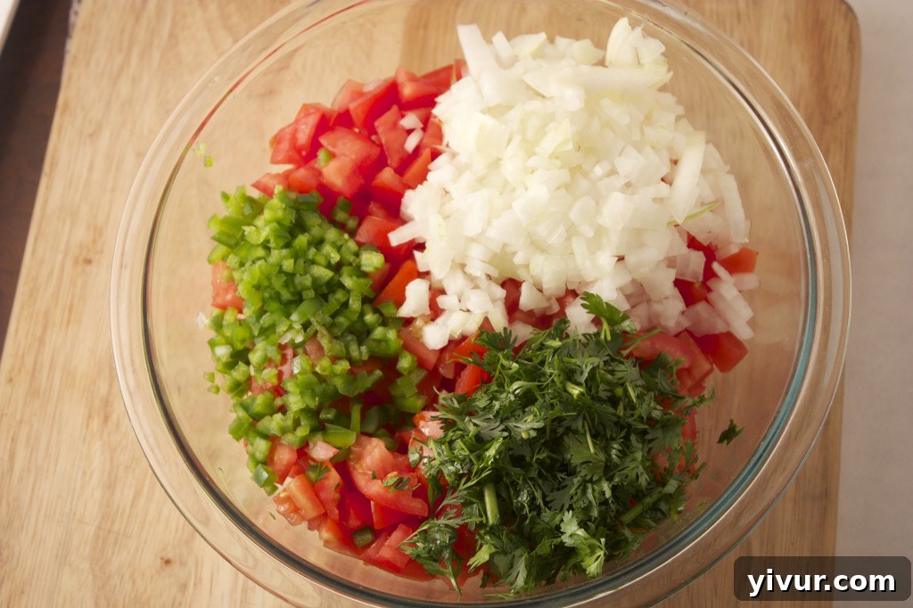 Pico de Gallo Ingredients, 2 Ingredients for Pico de Gallo in separate bowls: chopped tomatoes, onions, cilantro, jalapeno, and lime halves.