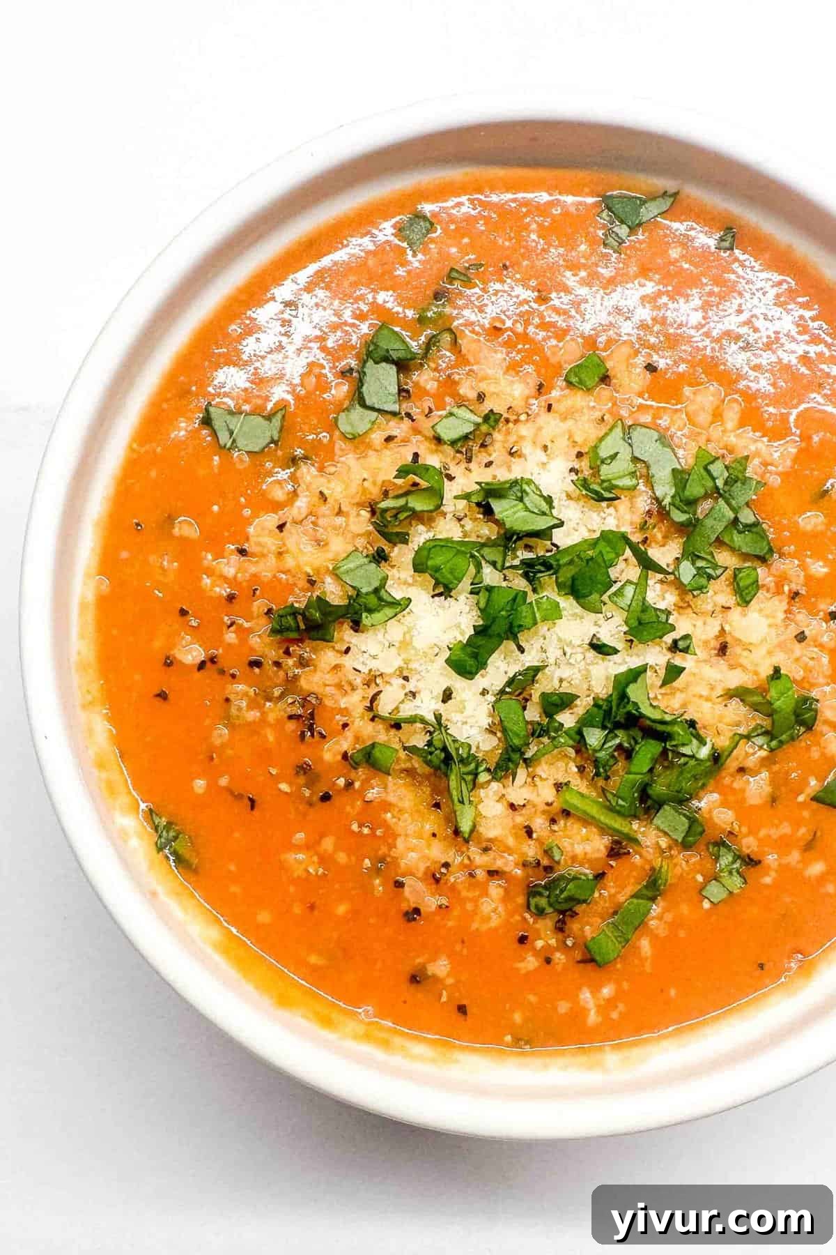 An overhead shot of creamy tomato basil soup topped with fresh parmesan and chopped basil, served in a rustic white bowl