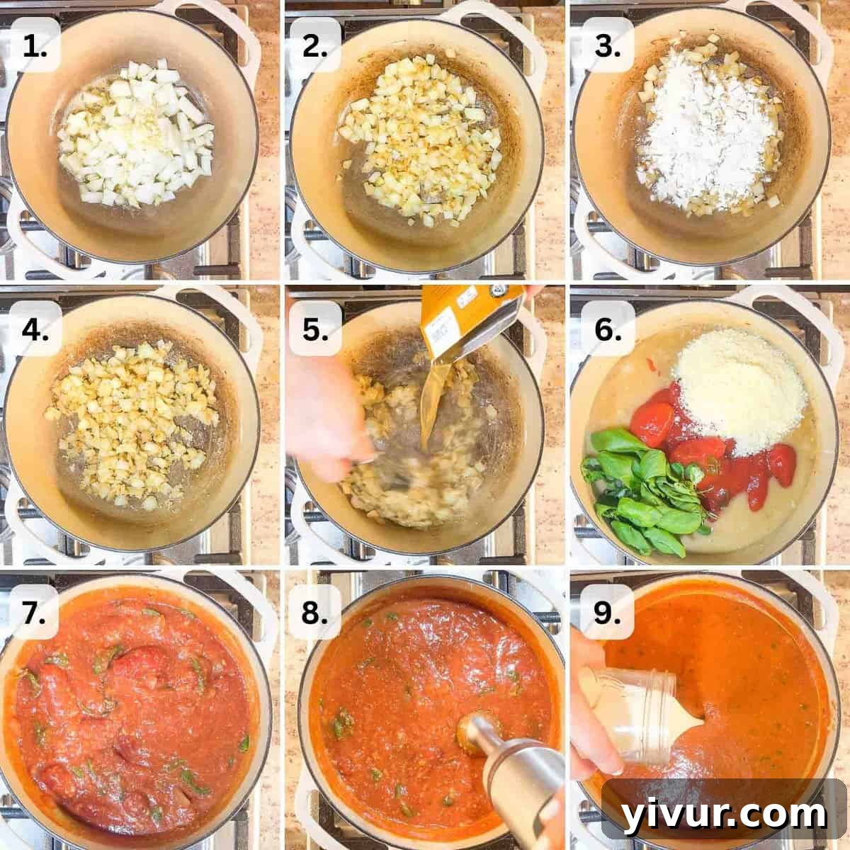 Numbered step-by-step photos illustrating the cooking process for creamy tomato basil soup, from sautéing to blending