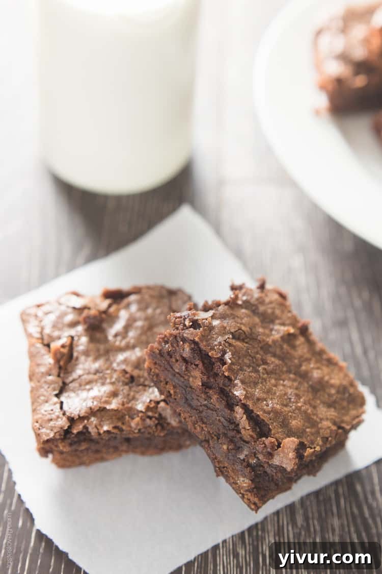 Homemade Fudgy Chewy Brownies: A close-up shot of rich, dark brownies with a perfect crackly top, glistening with fudgy texture. The edges are slightly crisp, and the center is soft and gooey, inviting a bite. This image captures the essence of a perfectly baked, delicious brownie.