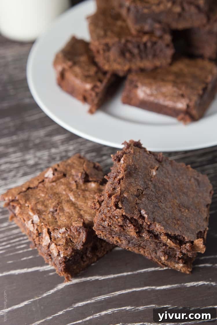 Homemade Fudgy Chewy Brownies: A stack of freshly baked, glossy brownies on a cooling rack, showcasing their rich color and inviting texture. The image emphasizes the homemade quality and the perfect balance of fudginess and chewiness.