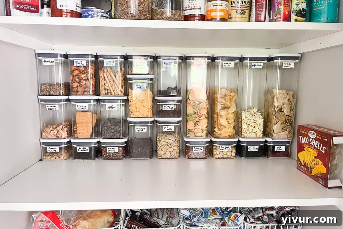 Stacked Oxo POP containers filled with various dry goods in an impeccably organized pantry