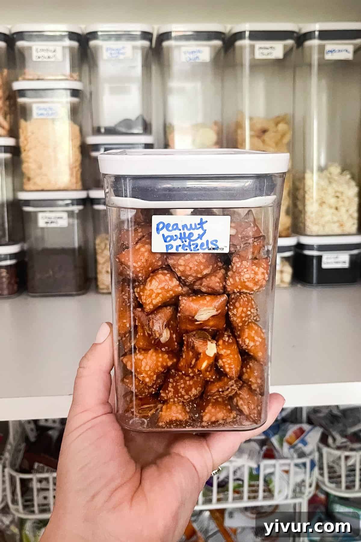 Hand holding an Oxo POP container filled with pretzels, clearly labeled with an erasable sticker indicating "peanut butter pretzels"