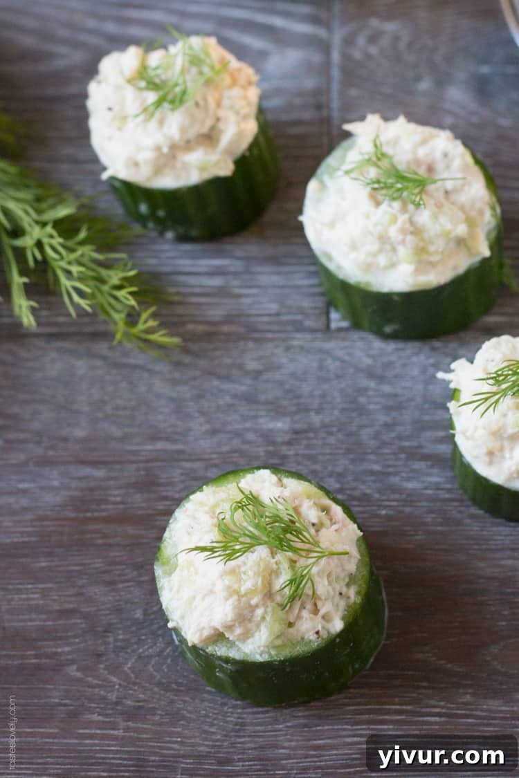Close-up of Tuna in Cucumber Cups, garnished with fresh dill