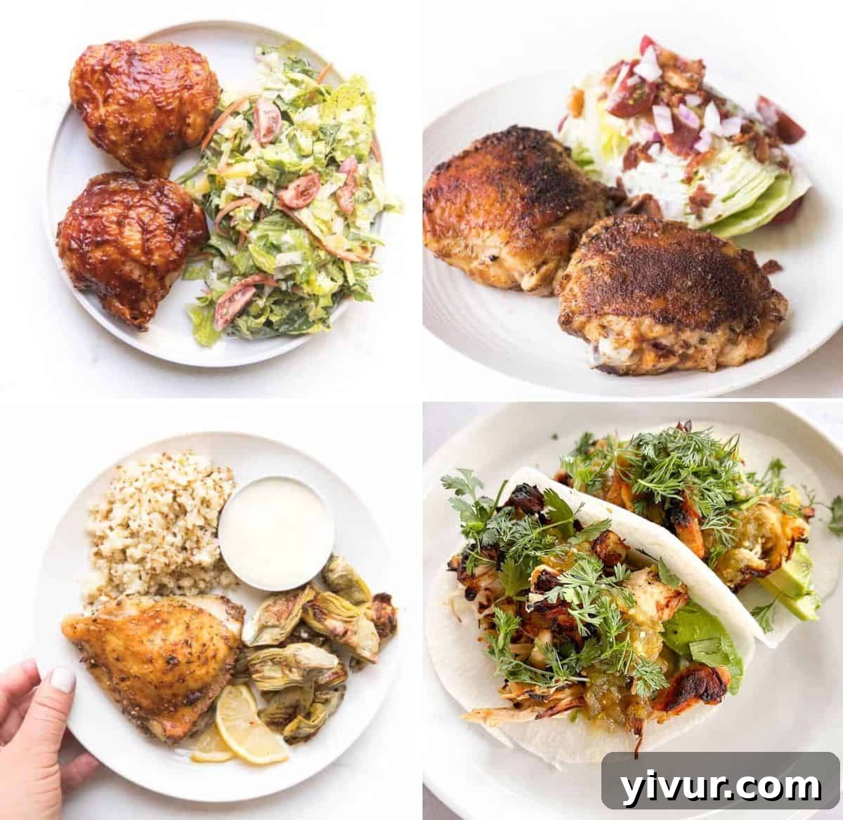 A collage of four different keto chicken thigh dishes, showcasing their vibrant colors and appealing textures.