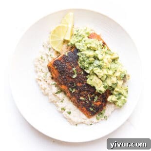 Make Dad's Day Delicious: Keto Recipes and Gift Ideas for Fathers Day 2022 8 whole30 + keto blackened salmon over cauliflower risotto with chunky avocado topping