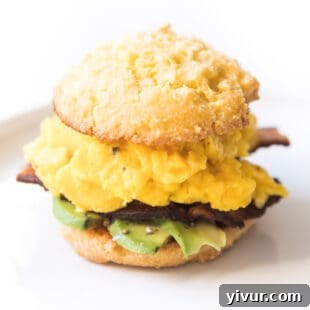 Make Dad's Day Delicious: Keto Recipes and Gift Ideas for Fathers Day 2022 17 keto biscuit breakfast sandwich with egg, bacon and avocado on a white plate and background