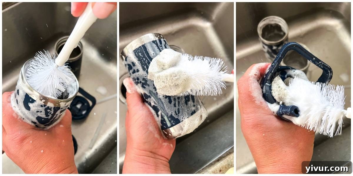 A series of three images demonstrating the meticulous process of cleaning eco-friendly water bottles with a bottle brush and non-toxic soap.