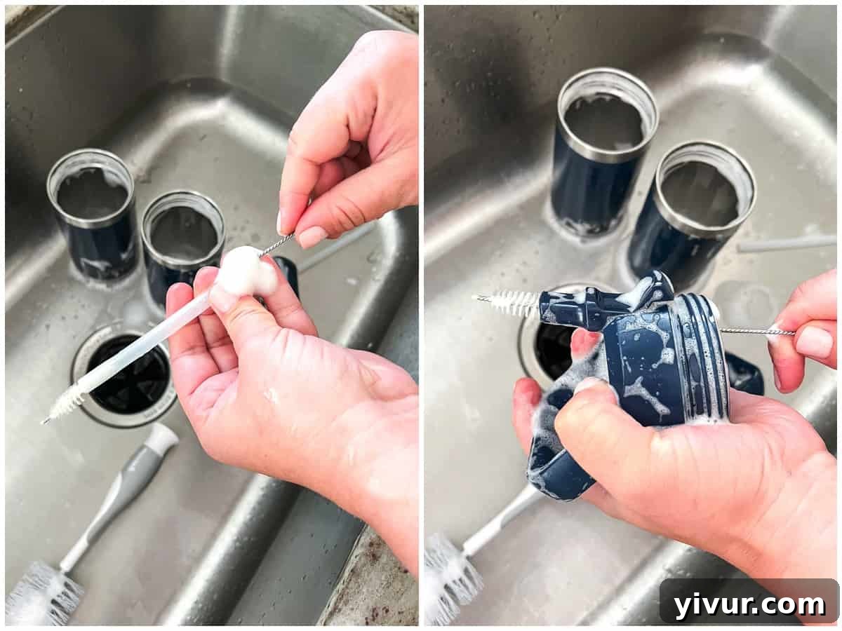 Cleaning the straw of a Yeti water bottle with a straw cleaner brush and Branch Basics foaming wash, highlighting focused attention on all components.