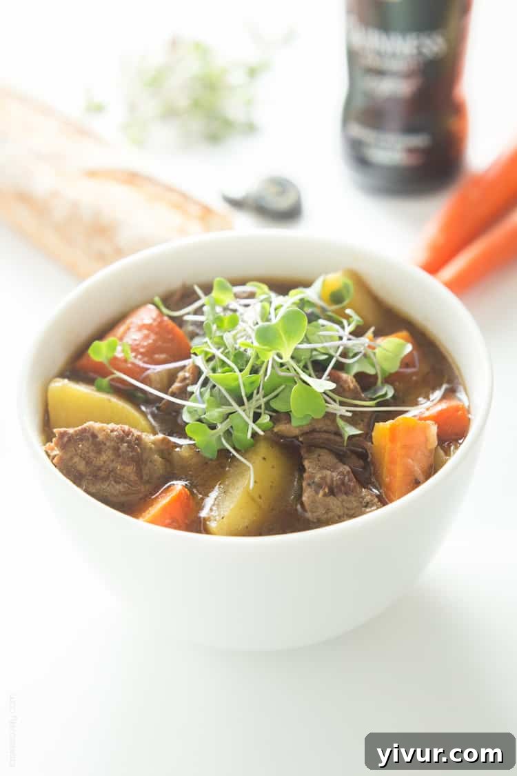 The BEST Slow Cooker Irish Guinness Beef Stew - tender beef, rich Guinness broth, carrots, and potatoes