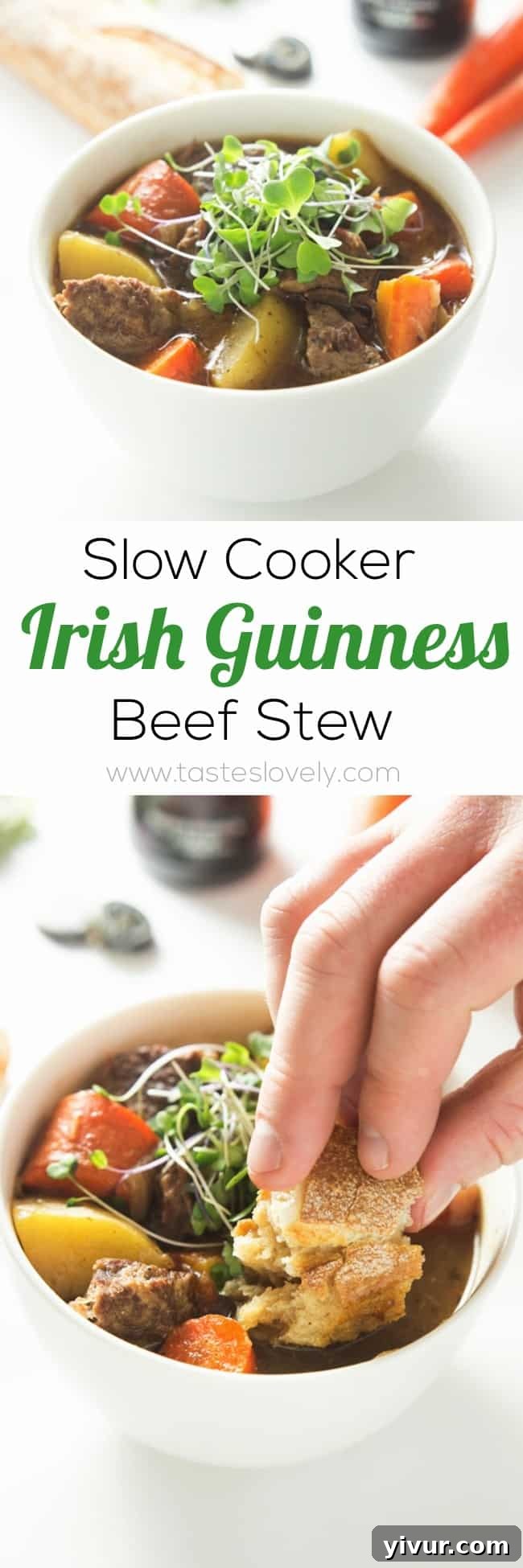 A large serving of Slow Cooker Guinness Beef Stew in a white bowl with a spoon