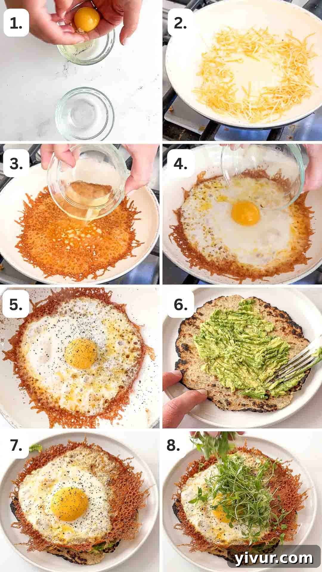 Numbered step-by-step photos illustrating the process of making crispy fried egg tacos, from frying the cheese and egg to assembling the taco.