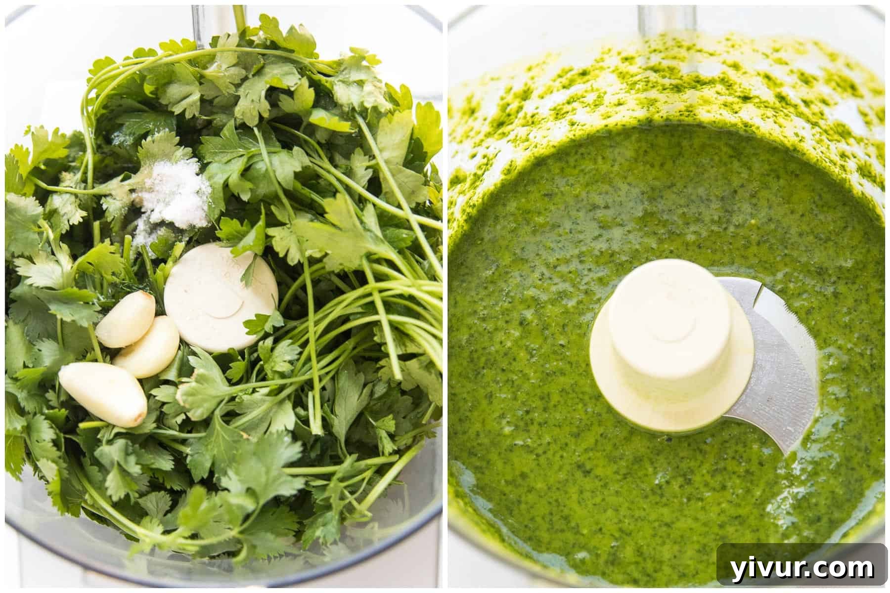 Wholesome Whole30 Chimichurri Sauce Keto and Paleo Friendly 3 Steps of making chimichurri sauce in a food processor, showing fresh herbs and other ingredients being blended