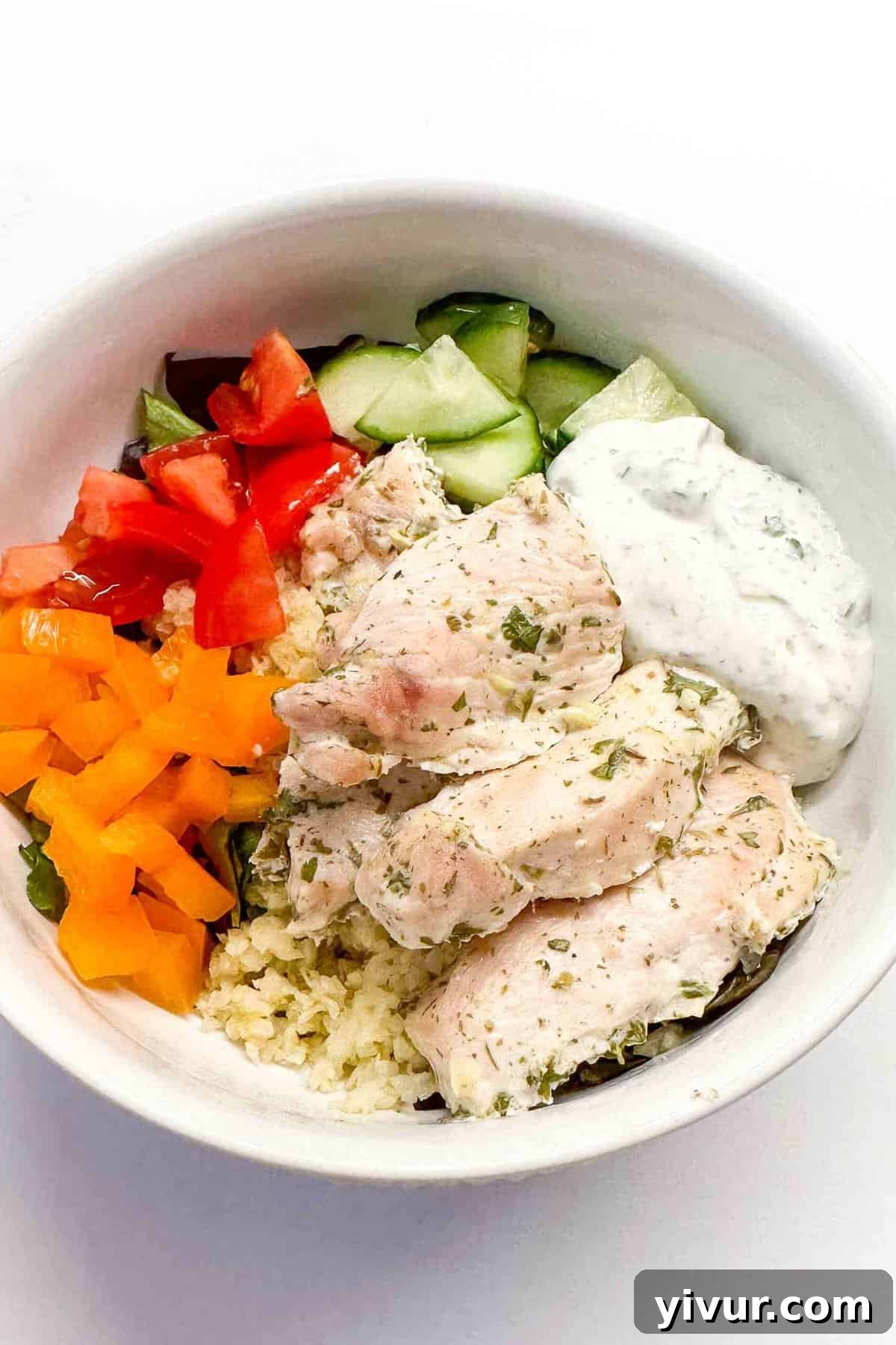 Greek yogurt chicken served in a white bowl with roasted vegetables and cauliflower rice, highlighting its golden-brown exterior and delicious appeal.