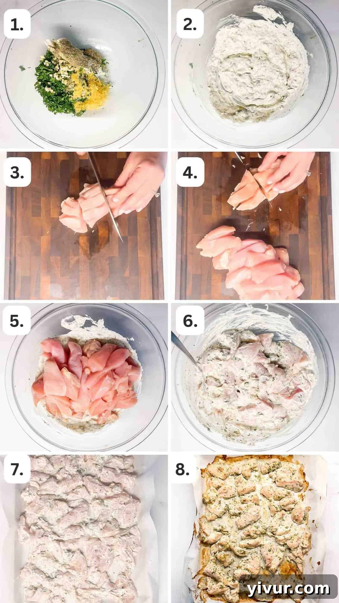 Step-by-step photo collage showing how to prepare and bake Greek yogurt chicken, from mixing the marinade to arranging chicken on a sheet pan, ready for the oven.