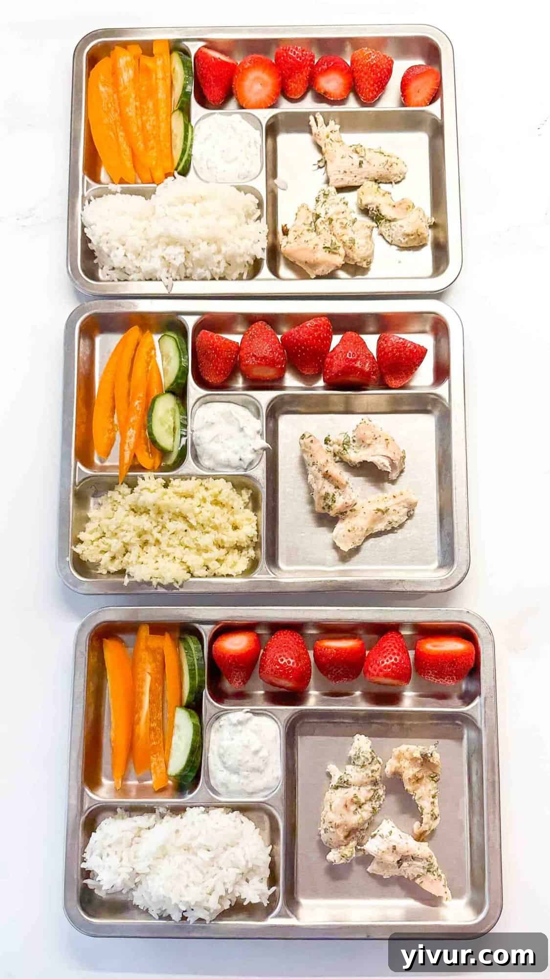 Three plates with Greek yogurt chicken, raw veggies, and fruit arranged in divided trays, perfect for meal prepping healthy lunches.