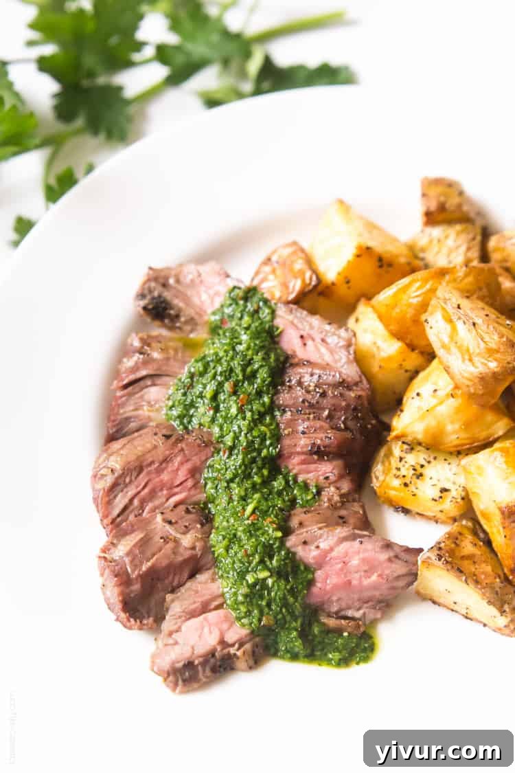 Delicious Skirt Steak with vibrant Chimichurri Sauce, perfect for a Paleo, Whole30, gluten-free, and low-carb meal. An affordable and easy steak dinner recipe.