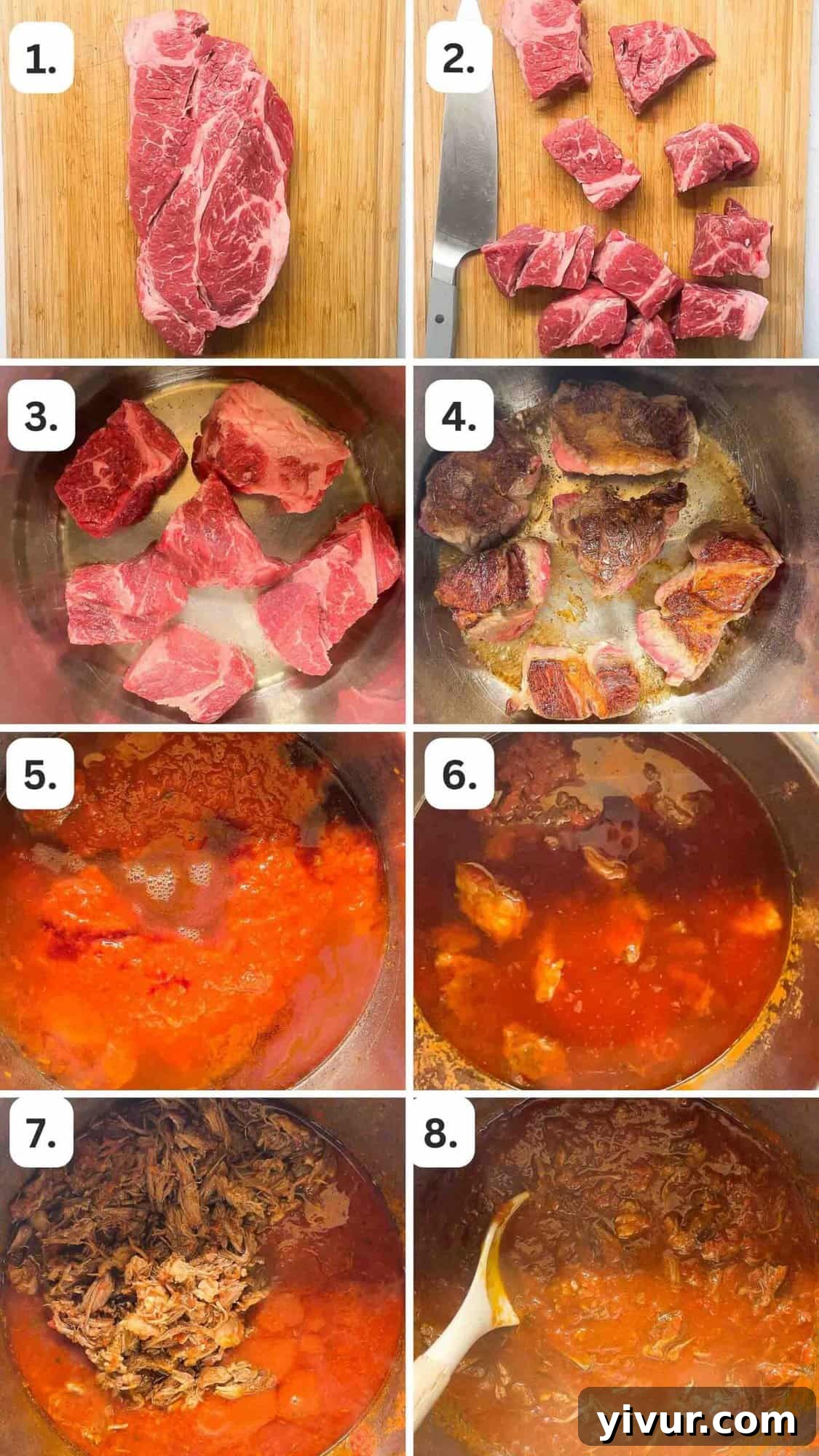 Effortless Instant Pot Beef Ragu 5 A collage of numbered step-by-step photos illustrating the process of making Instant Pot Beef Ragu, from browning meat to shredding.