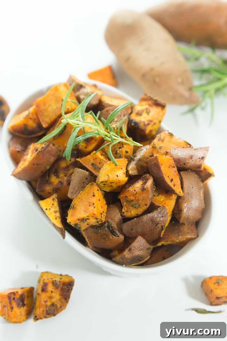 Healthy and flavorful Rosemary Roasted Sweet Potatoes, perfect for Paleo, Whole30, gluten-free, and vegan diets.