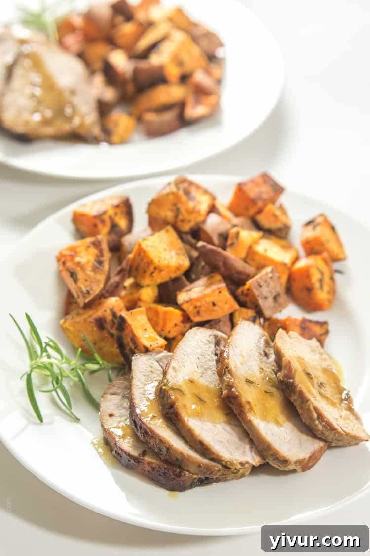 Golden Honey-Mustard Rosemary Pork Tenderloin 4 Sliced Rosemary Honey Mustard Pork Tenderloin with Pan Sauce, Ready to Serve