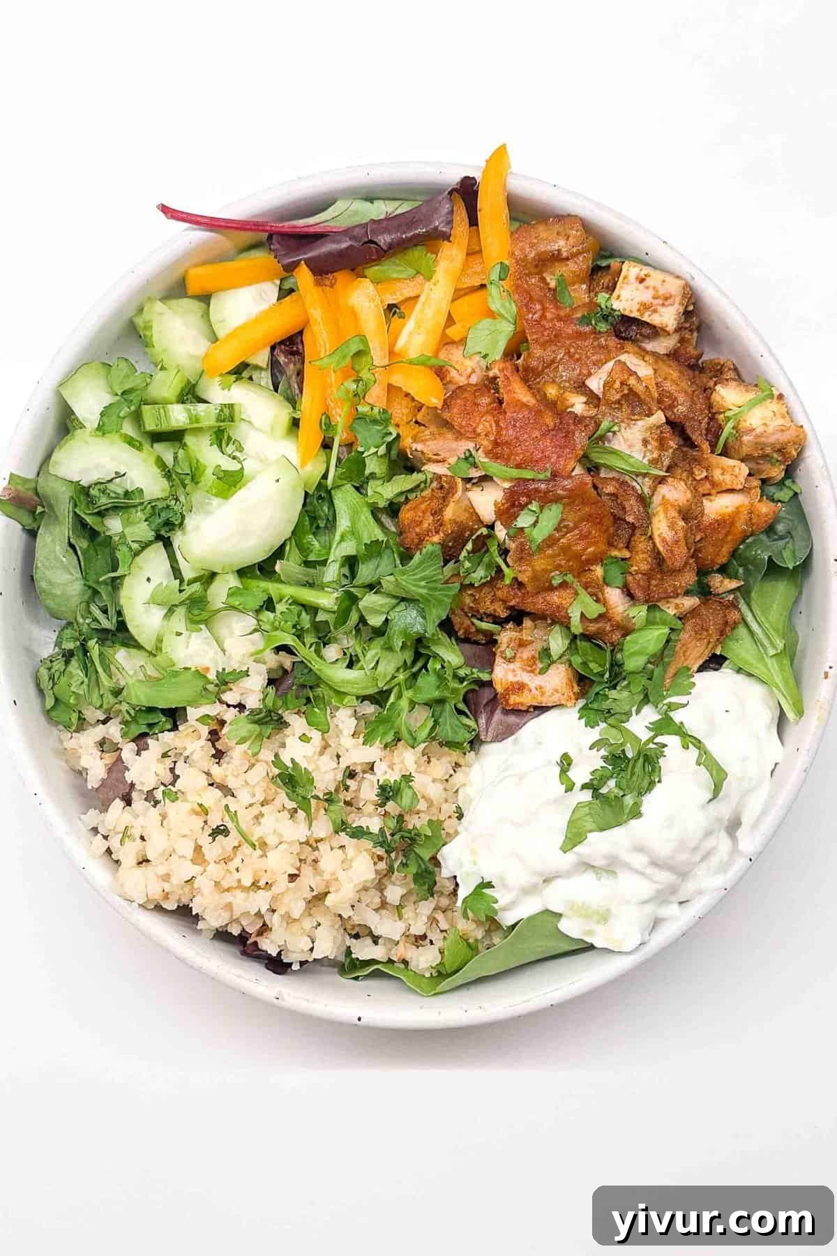 an overhead shot of chicken shawarma bowl 