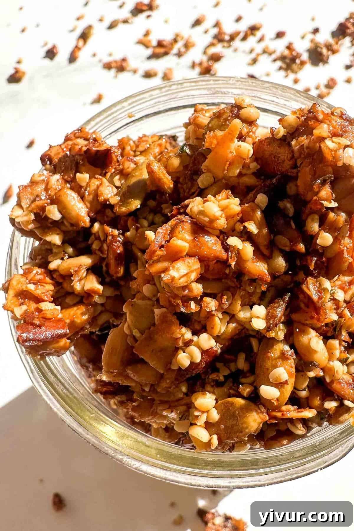 an overhead shot of grain free granola in a mason jar 