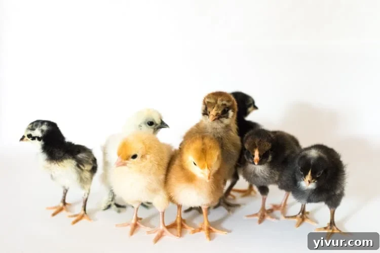 Eight adorable baby chicks huddle together in a brooder, signifying the start of their new life.