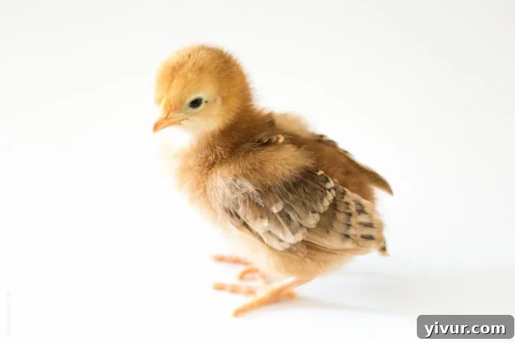 Rosie, a Rhode Island Red chick, stands tall with emerging wing feathers.
