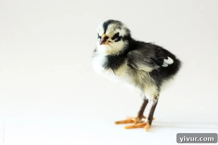 Aria, the smallest chick, curiously pecking at the ground.