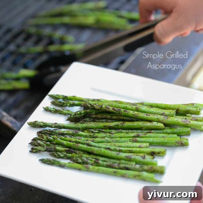 Perfect Grilled Asparagus 2 Simple Grilled Asparagus - Freshly grilled asparagus spears on a plate