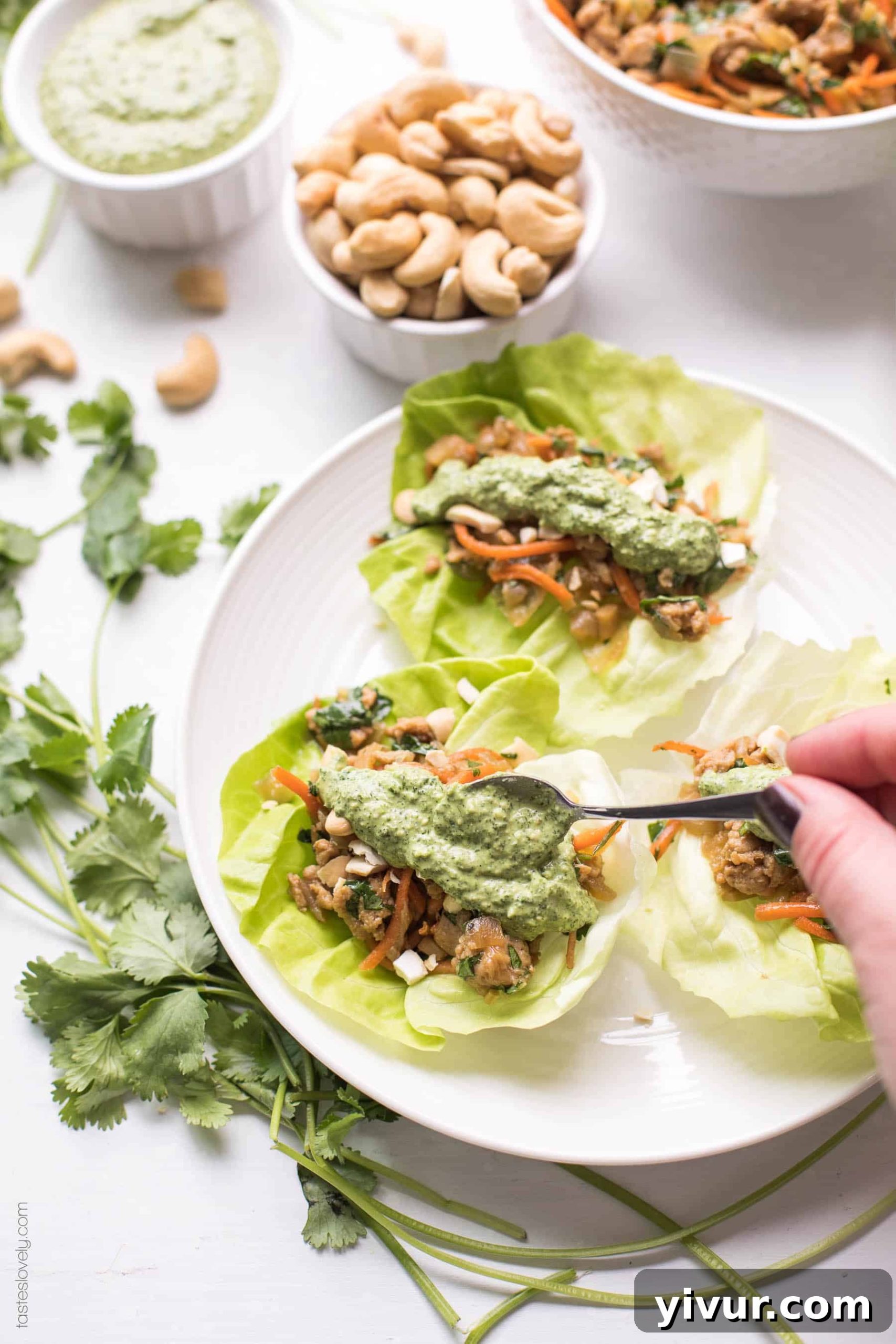 Two paleo Whole30 Thai chicken lettuce wraps on a white plate with a white backdrop, with pesto sauce being spooned over them.