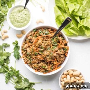 Whole30 and Keto Thai chicken lettuce wraps, featuring vibrant colors and fresh herbs.