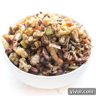 Whole30 + keto cauliflower stuffing in a white bowl