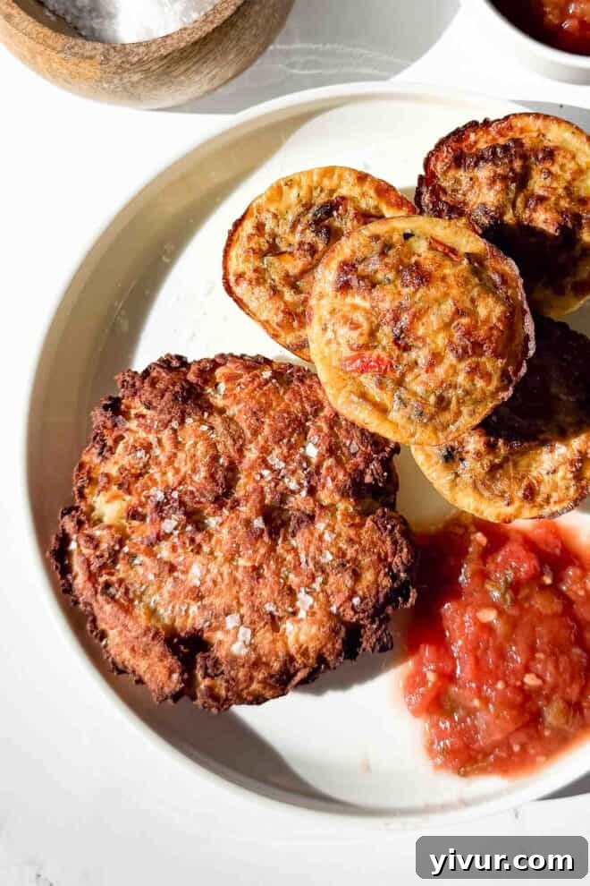 Crispy oven-baked hash browns served with egg bites and salsa