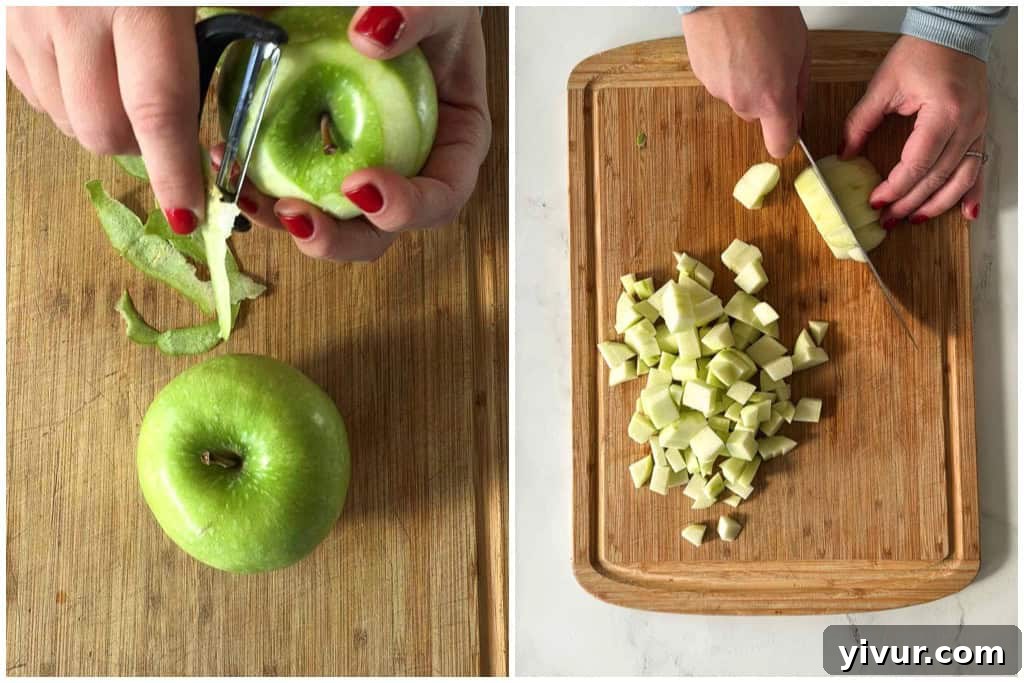 peeling and chopping green apples