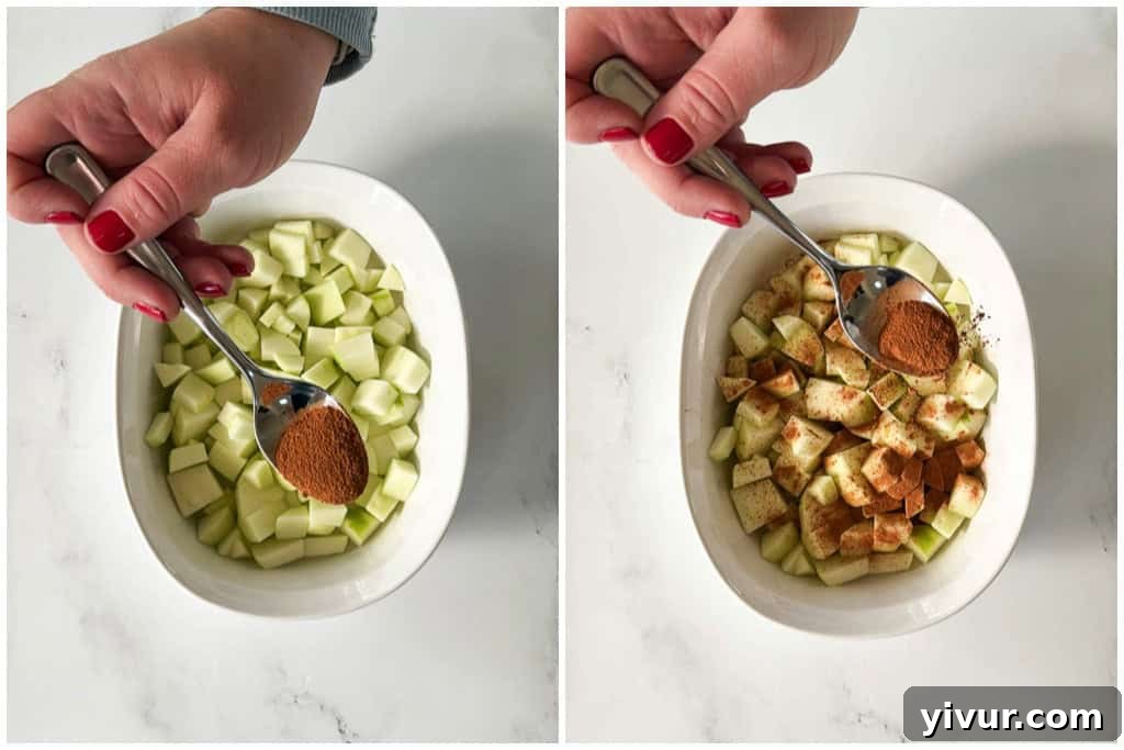 sprinkling granny smith apples with cinnamon before baking