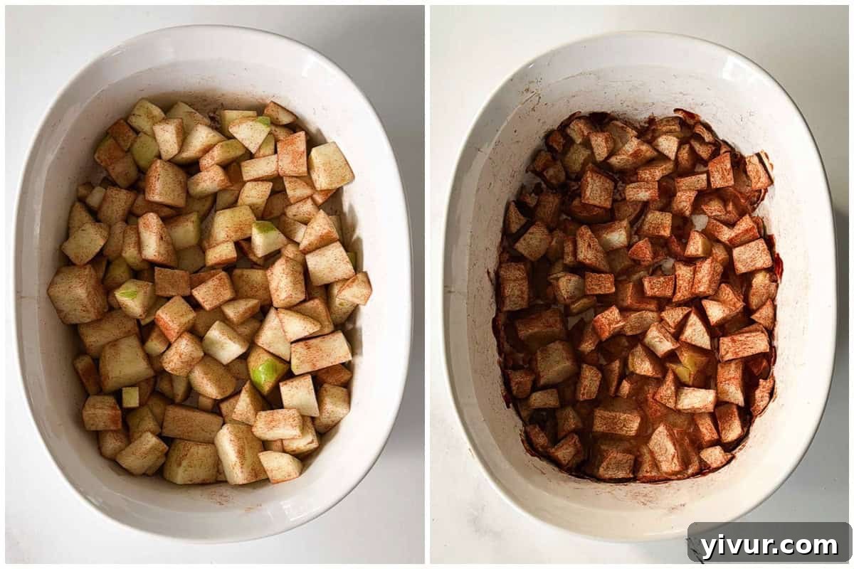 before and after of baked granny smith apples in a baking dish