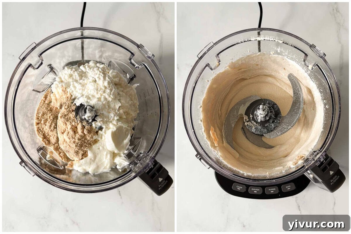 before and after of blending cottage cheese, greek yogurt and vanilla protein powder in a food processor to make cheesecake.