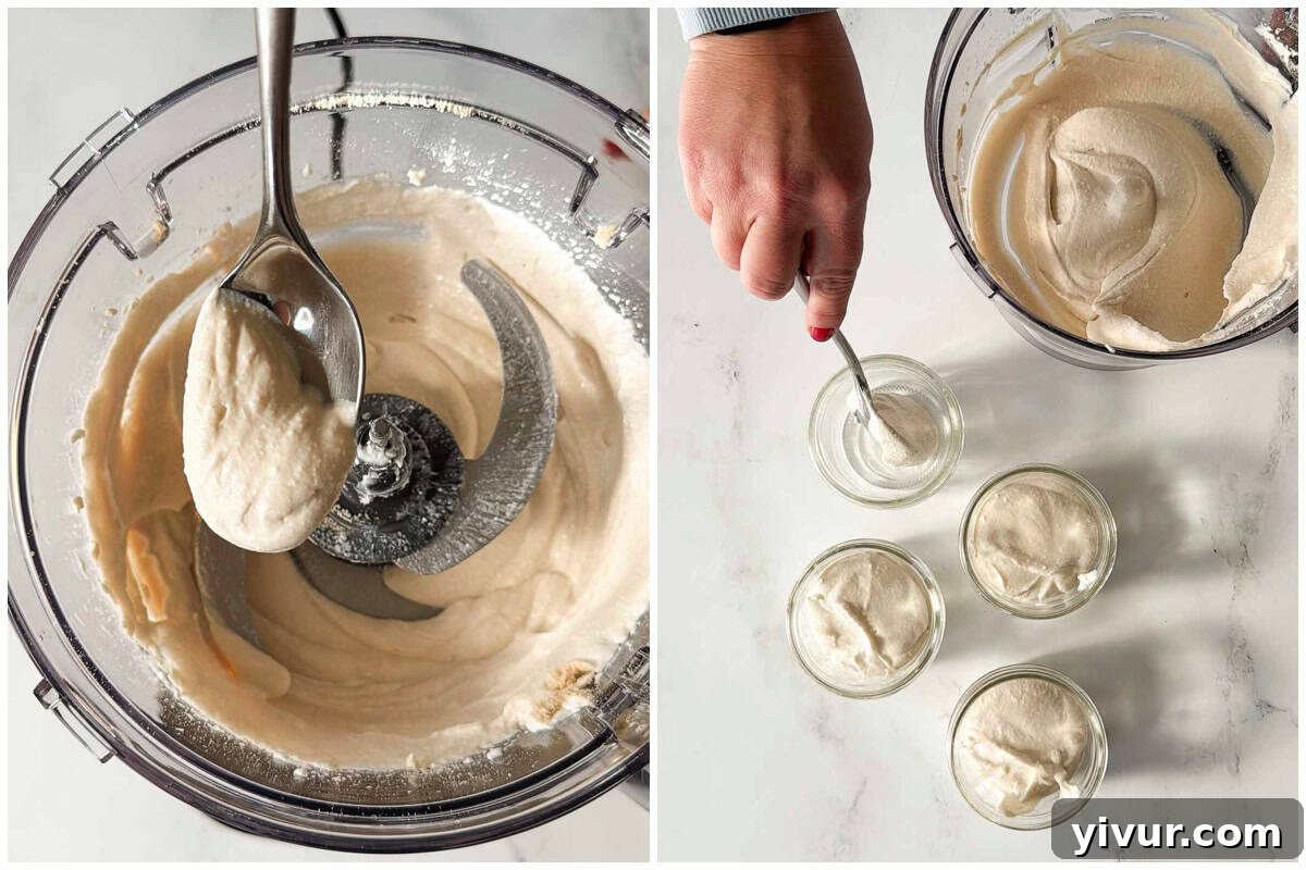 Transfer the blended cheesecake mixture to mason jars.