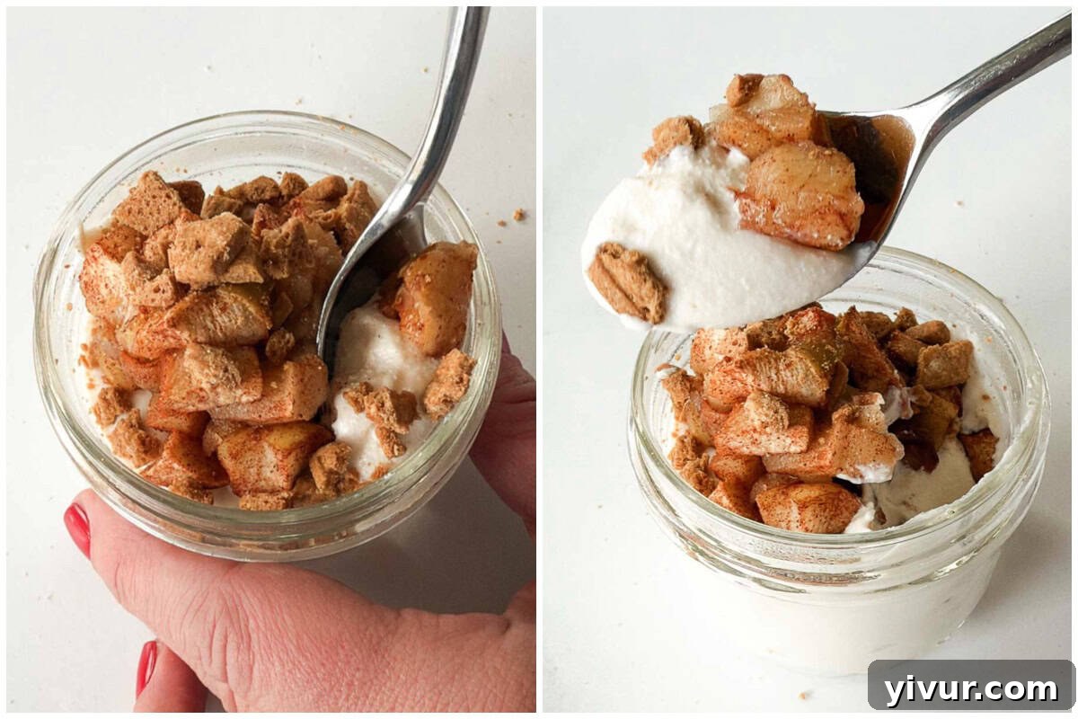 spooning into high protein apple pie cheesecake with cottage cheese