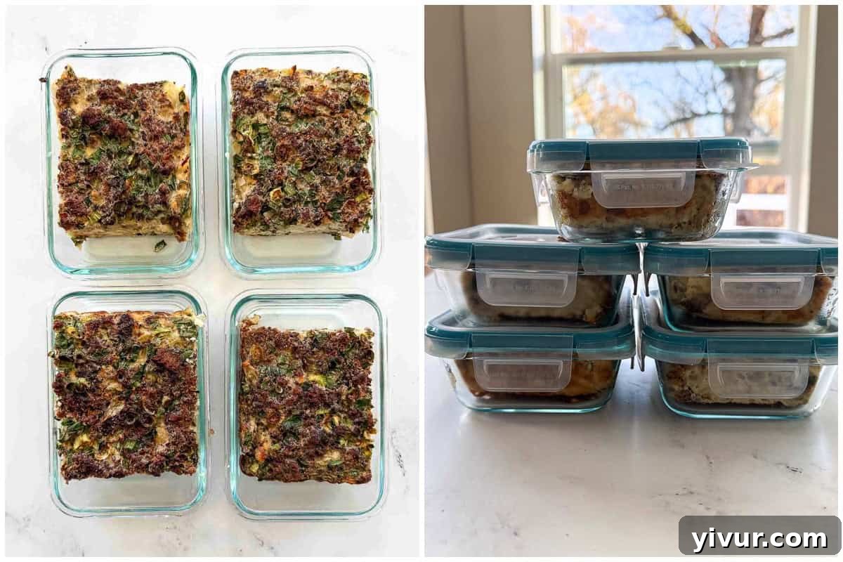 Storing individual slices of High Protein Bison Breakfast Casserole with Potatoes and Eggs in meal prep containers