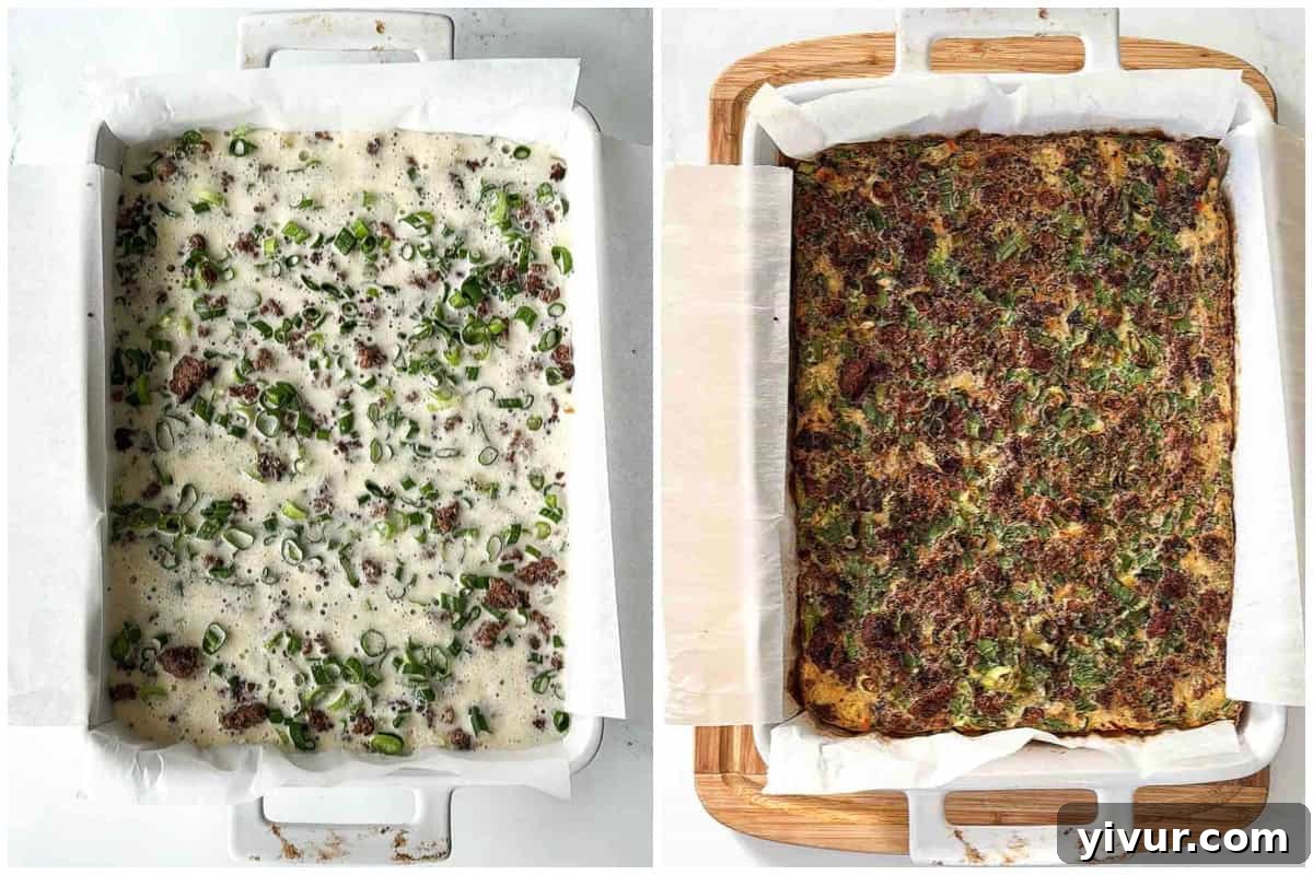 Before and after comparison of baking the High Protein Bison Breakfast Casserole with Potatoes and Eggs