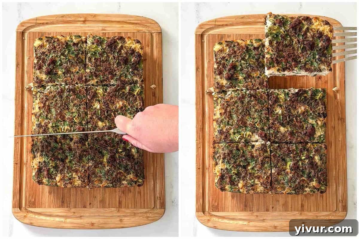 Slicing the High Protein Bison Breakfast Casserole with Potatoes and Eggs into individual servings