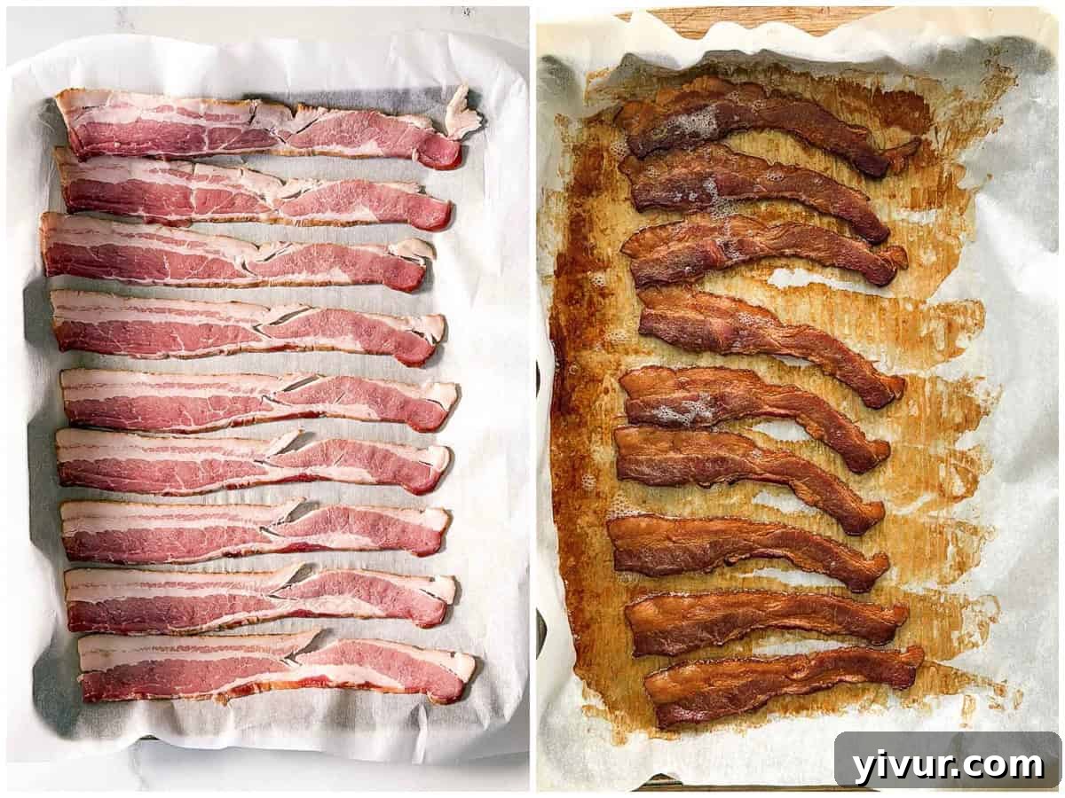 Bacon slices laid out evenly on a rimmed baking sheet, ready for cooking to achieve perfect crispness.