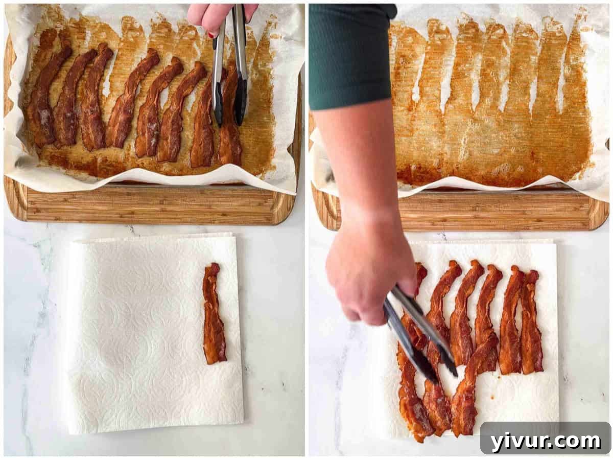Crispy cooked bacon slices resting on paper towels to drain excess fat, ensuring a perfect texture for the salad.